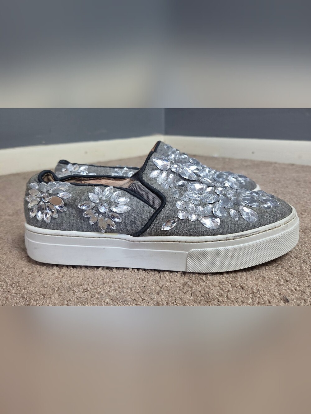 Jeffrey Campbell Gray Slip-On Moccasins with Crystal Jewel Burst